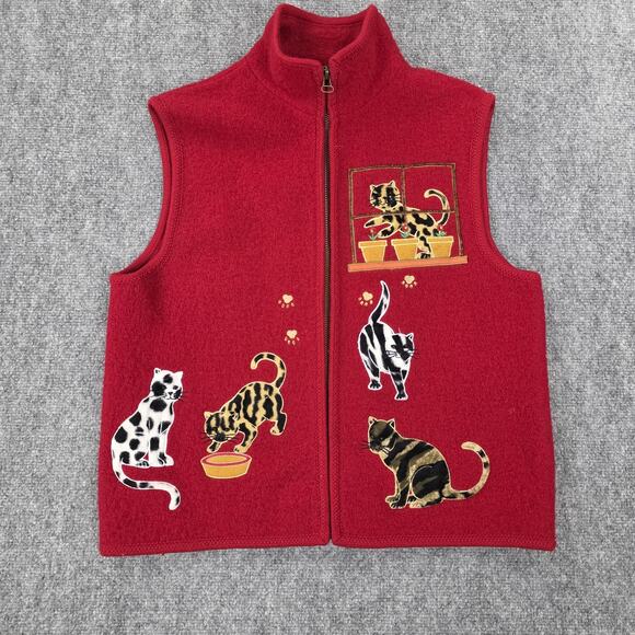 Lisa International Vest Women Medium Wool Cat Print Fuzzy Embroidered Zip Up VTG - Picture 6 of 16